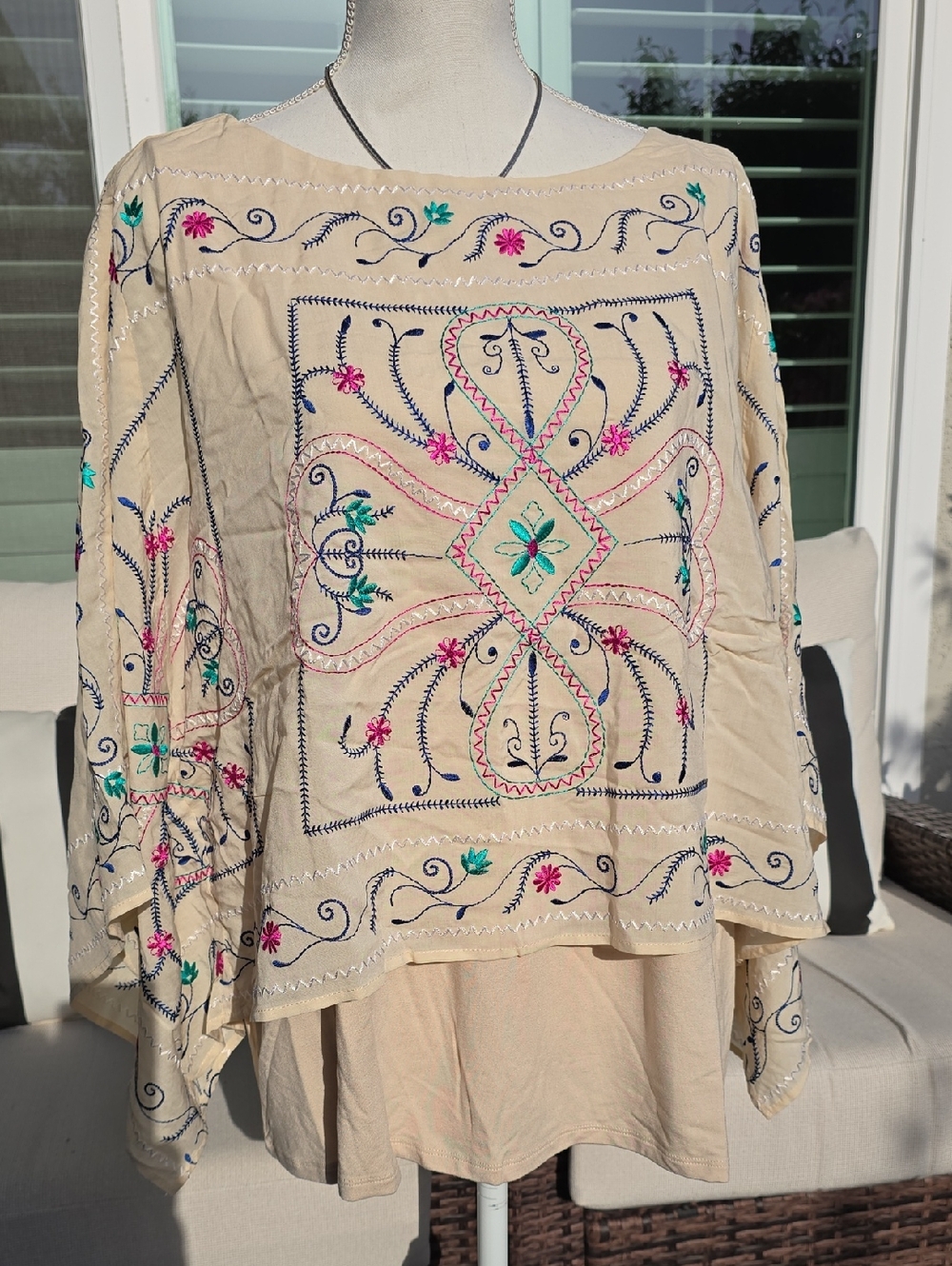 Chico's Cream Embroidered Floral Boho Blouse with Pink & Teal Accents